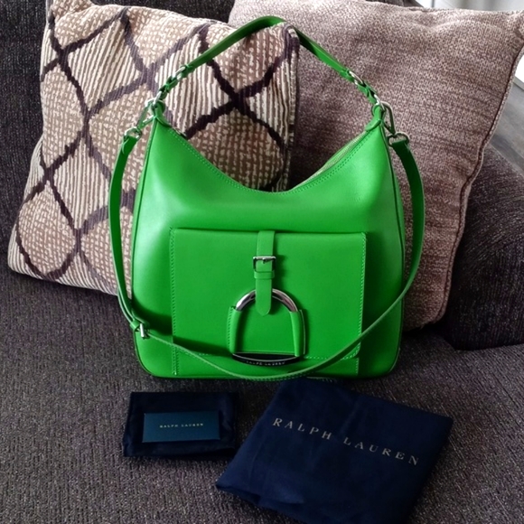 💚RARE Ralph Lauren💚 - Kelly Green Leather Equestrian Stirrup Hobo Bag - Picture 2 of 16